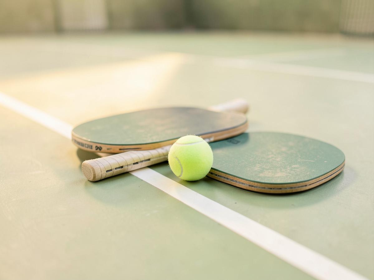 Dink Society paddles and pickleball resting on the court